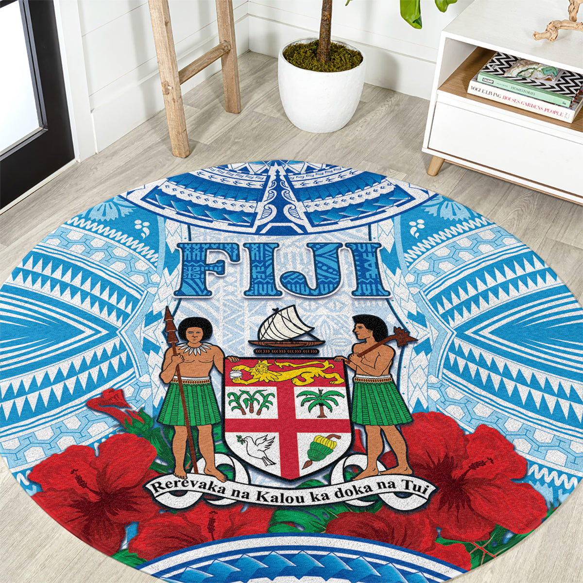 Fiji Ratu Sir Lala Sukuna Day Round Carpet Hibiscus Tapa Pattern LT05 Blue - Polynesian Pride