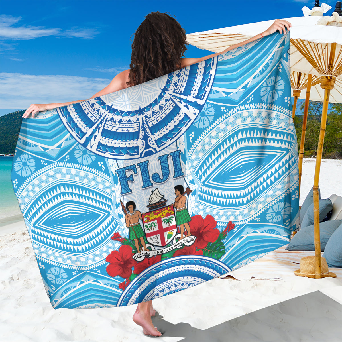 Fiji Ratu Sir Lala Sukuna Day Sarong Hibiscus Tapa Pattern LT05 One Size 44 x 66 inches Blue - Polynesian Pride