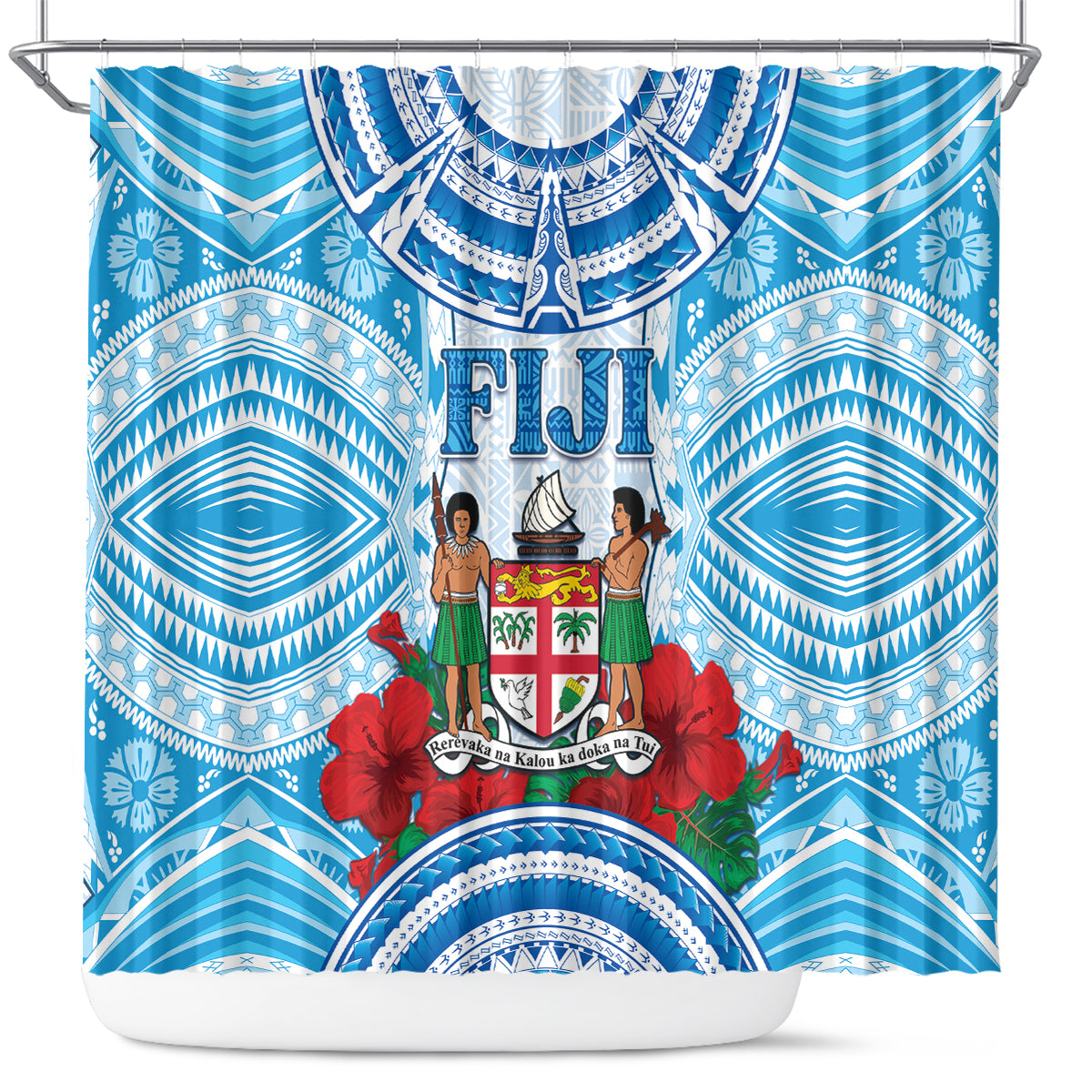 Fiji Ratu Sir Lala Sukuna Day Shower Curtain Hibiscus Tapa Pattern LT05 Blue - Polynesian Pride
