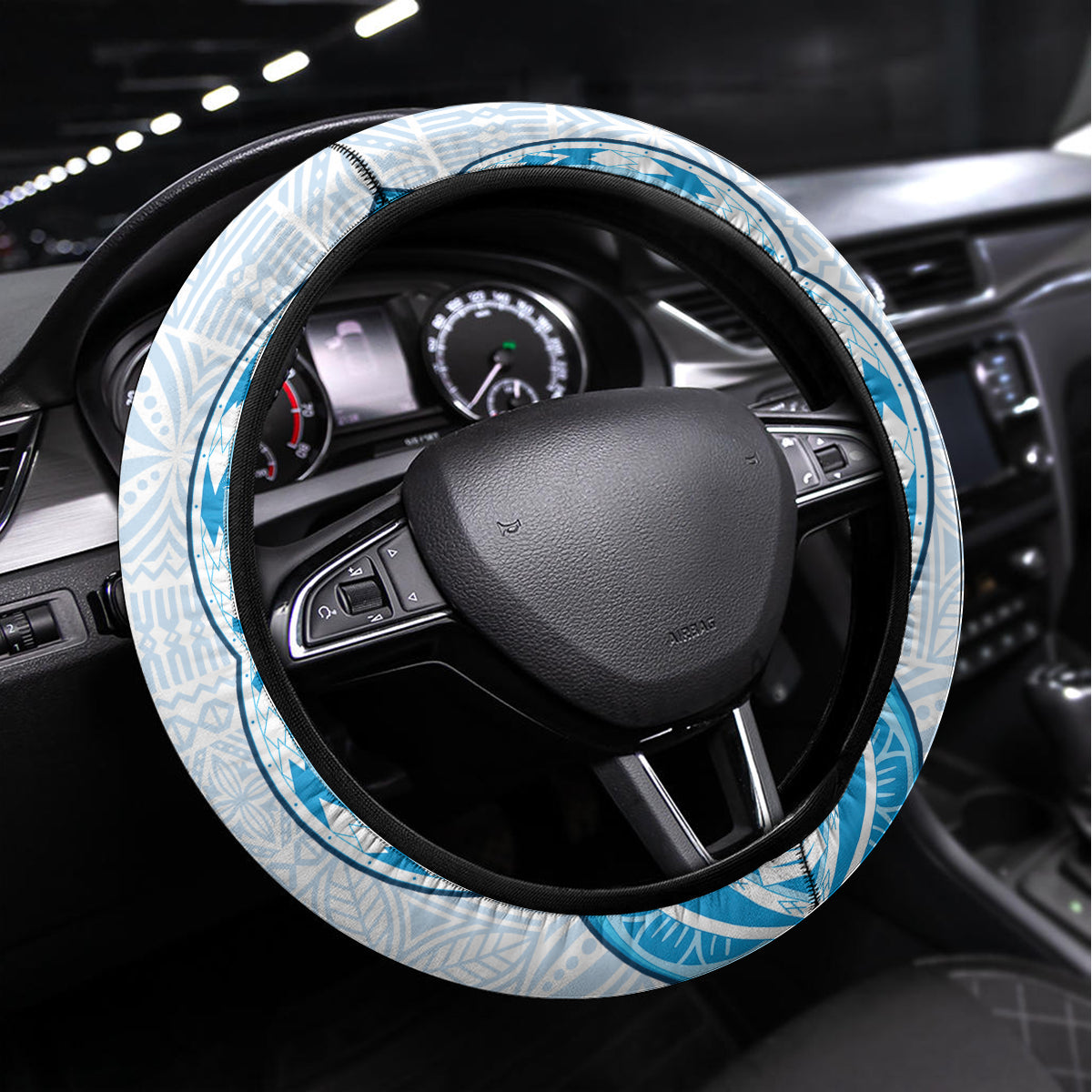 Fiji Ratu Sir Lala Sukuna Day Steering Wheel Cover Hibiscus Tapa Pattern LT05 Universal Fit Blue - Polynesian Pride