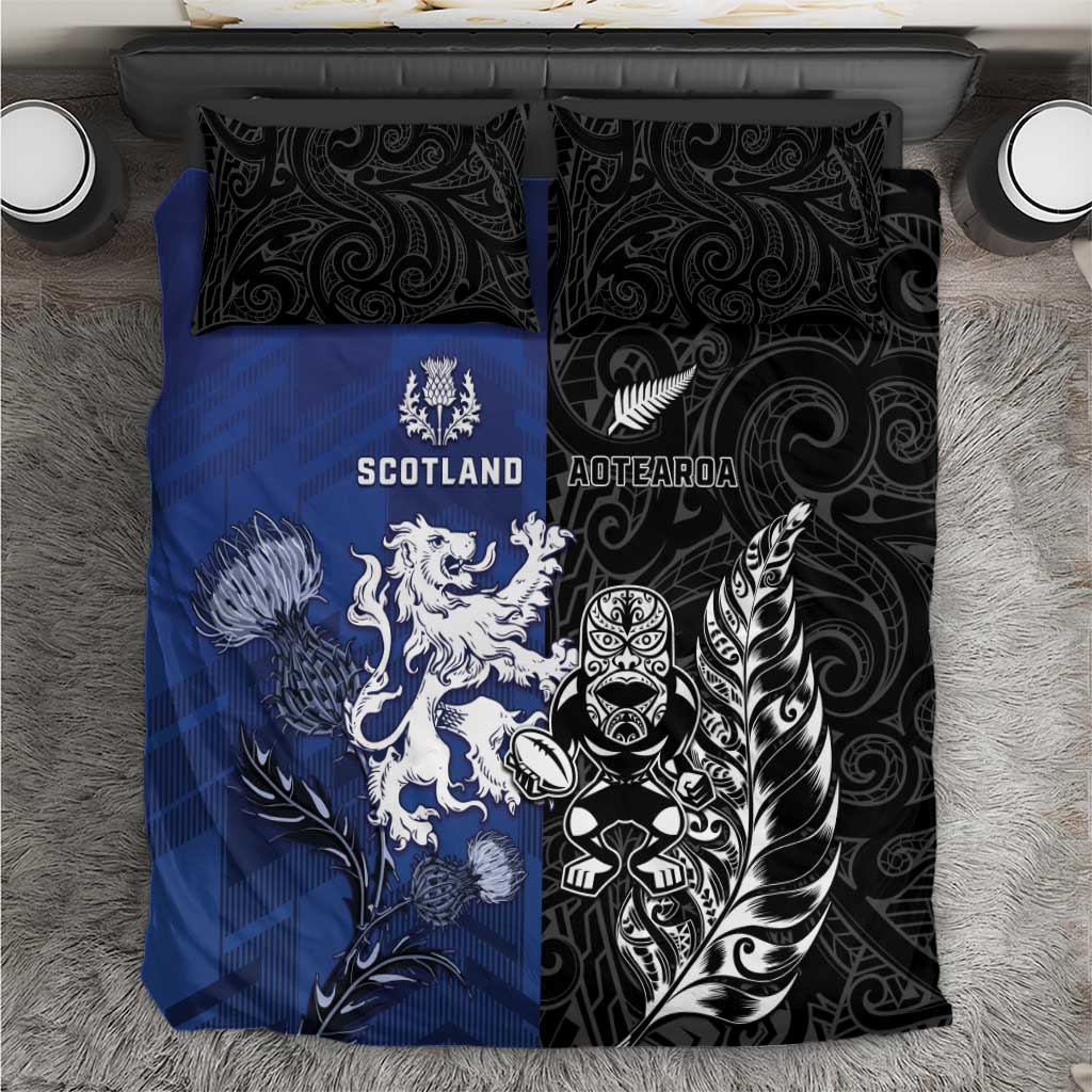 New Zealand And Scotland Rugby Bedding Set Maori Tiki With Thistle Together LT05 Black - Polynesian Pride