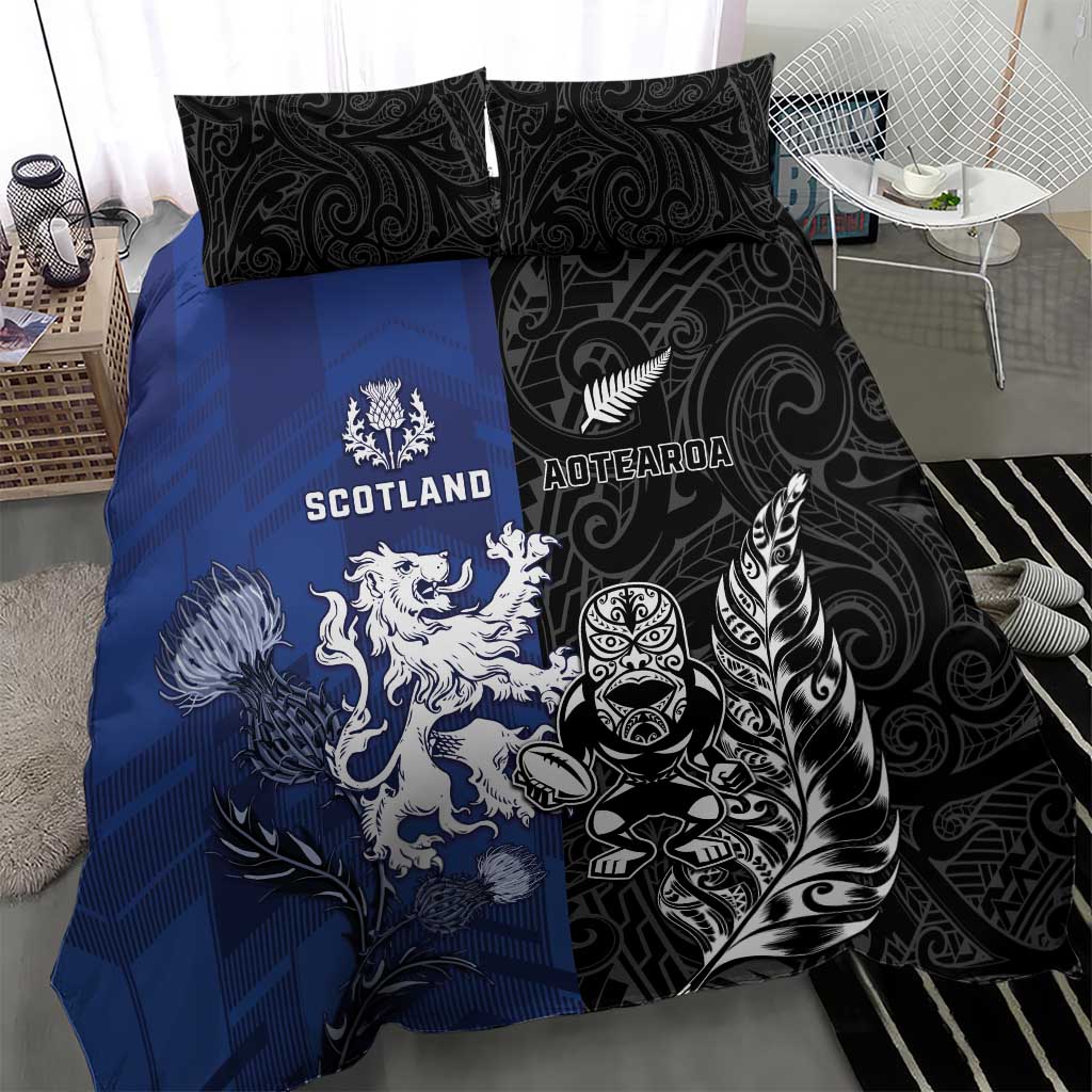 New Zealand And Scotland Rugby Bedding Set Maori Tiki With Thistle Together LT05 - Polynesian Pride