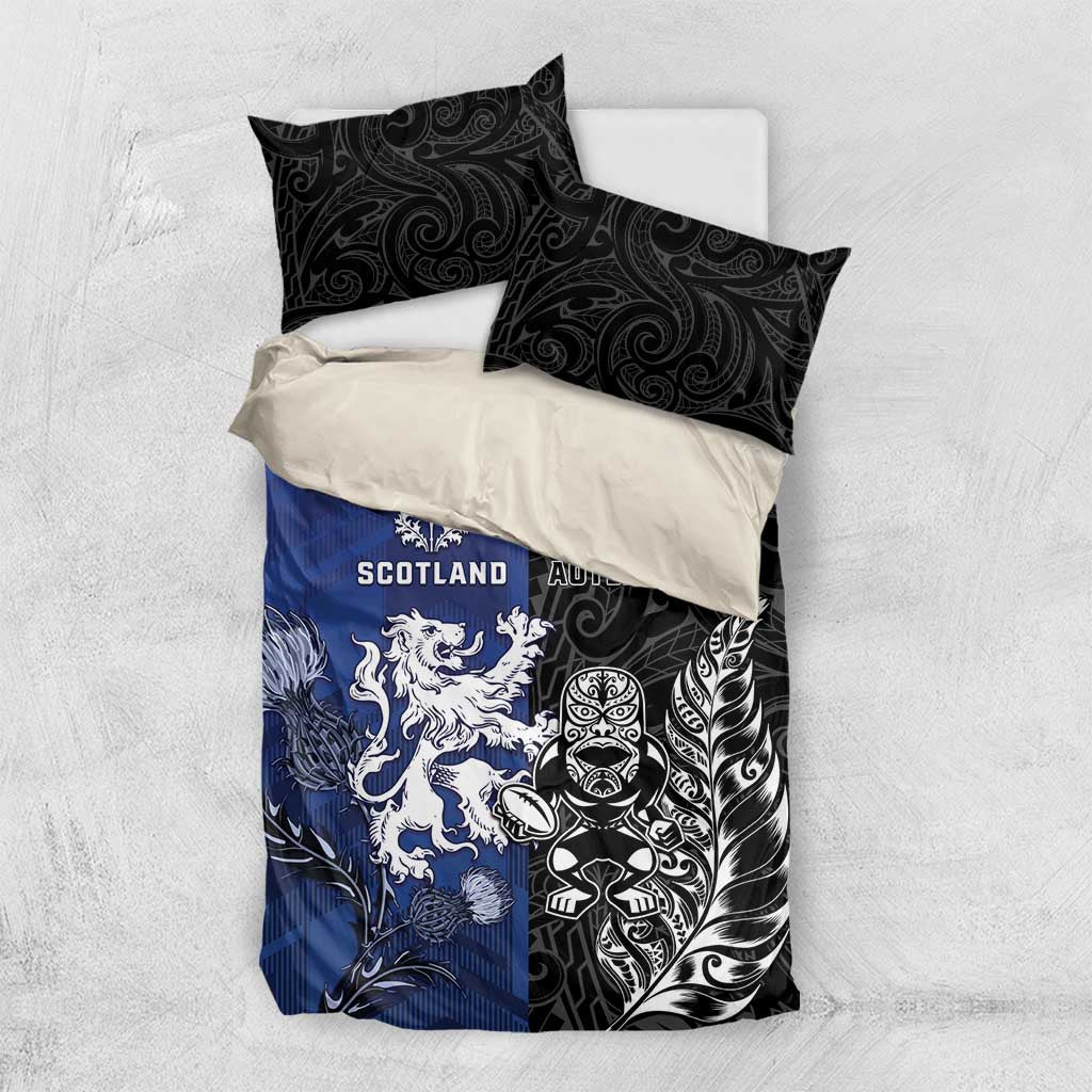 New Zealand And Scotland Rugby Bedding Set Maori Tiki With Thistle Together LT05 US Twin 172cm x 218cm Black - Polynesian Pride
