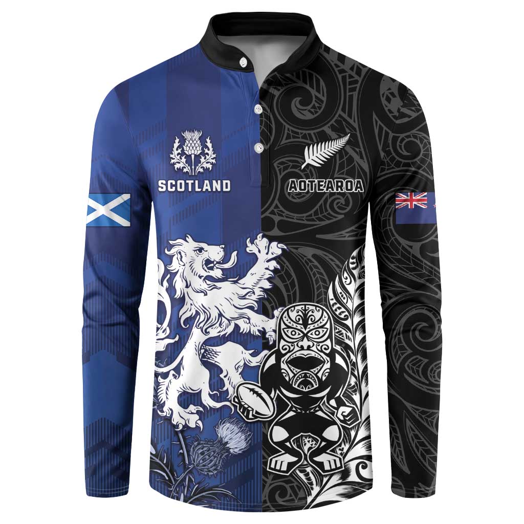 New Zealand And Scotland Rugby Custom Button Sweatshirt Maori Tiki With Thistle Together LT05 Black - Polynesian Pride