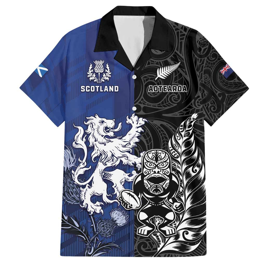 New Zealand And Scotland Rugby Custom Hawaiian Shirt Maori Tiki With Thistle Together LT05 Black - Polynesian Pride