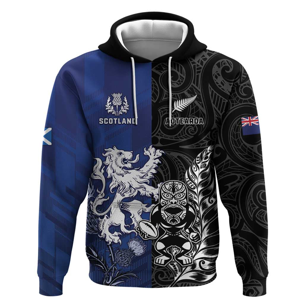 New Zealand And Scotland Rugby Custom Hoodie Maori Tiki With Thistle Together LT05 Pullover Hoodie Black - Polynesian Pride