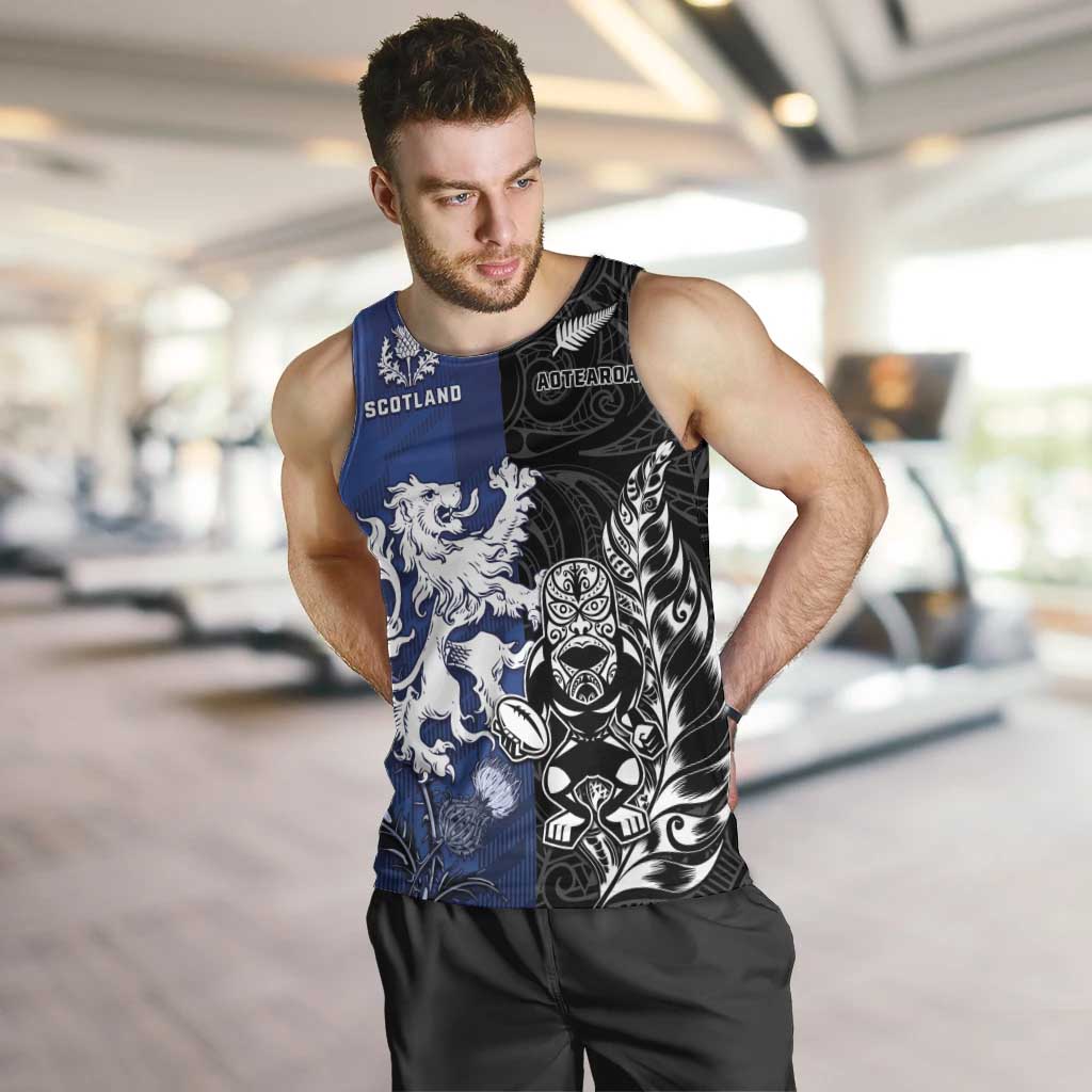 New Zealand And Scotland Rugby Custom Men Tank Top Maori Tiki With Thistle Together LT05 Black - Polynesian Pride