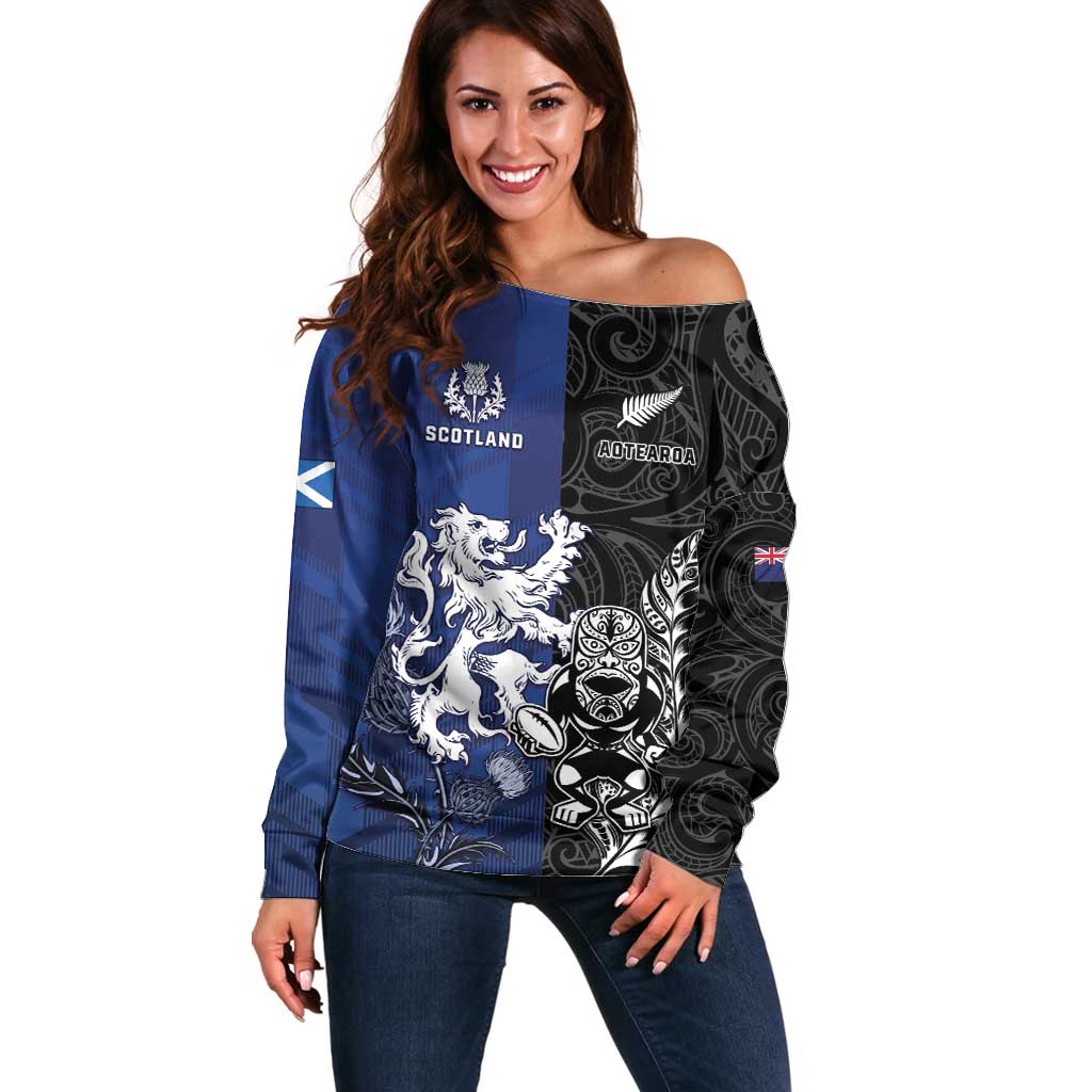 New Zealand And Scotland Rugby Custom Off Shoulder Sweater Maori Tiki With Thistle Together LT05 Women Black - Polynesian Pride