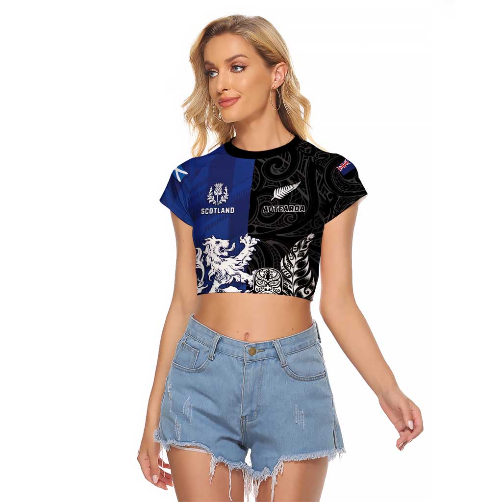 New Zealand And Scotland Rugby Custom Raglan Cropped T Shirt Maori Tiki With Thistle Together LT05 Female Black - Polynesian Pride