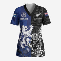 New Zealand And Scotland Rugby Custom Scrub Top Maori Tiki With Thistle Together LT05 Adult Black - Polynesian Pride