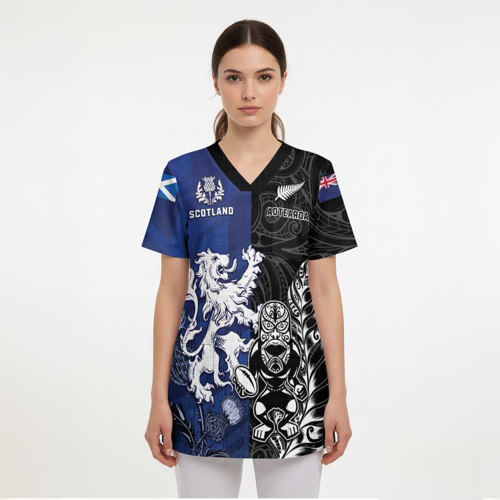 New Zealand And Scotland Rugby Custom Scrub Top Maori Tiki With Thistle Together LT05 - Polynesian Pride