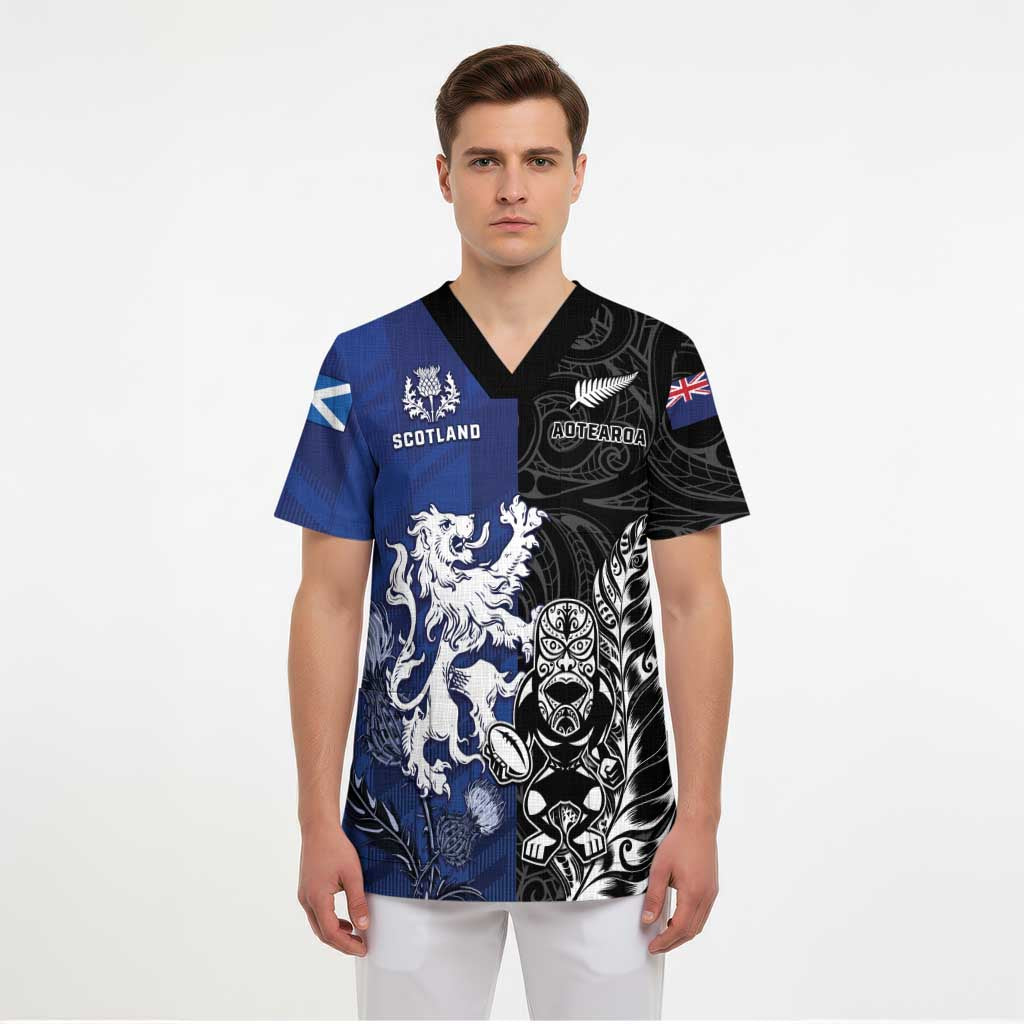 New Zealand And Scotland Rugby Custom Scrub Top Maori Tiki With Thistle Together LT05 - Polynesian Pride
