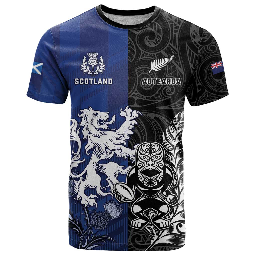 New Zealand And Scotland Rugby Custom T Shirt Maori Tiki With Thistle Together LT05 Black - Polynesian Pride