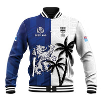 Fiji And Scotland Rugby Custom Baseball Jacket Fijian Palm Tree With Thistle Together LT05 Unisex Blue - Polynesian Pride