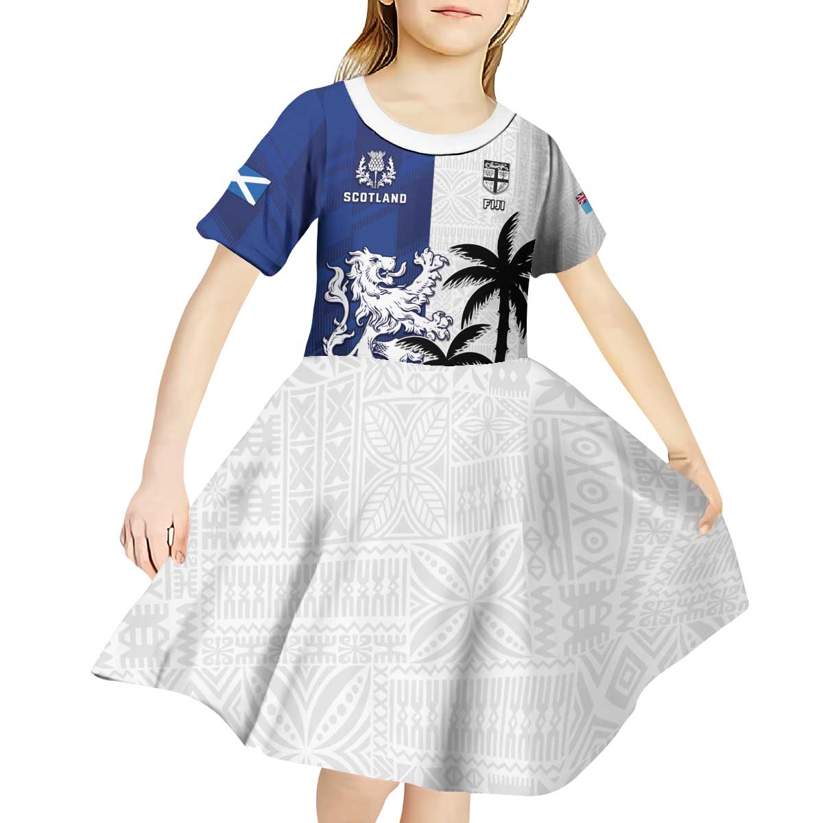 Fiji And Scotland Rugby Custom Kid Short Sleeve Dress Fijian Palm Tree With Thistle Together LT05 - Polynesian Pride