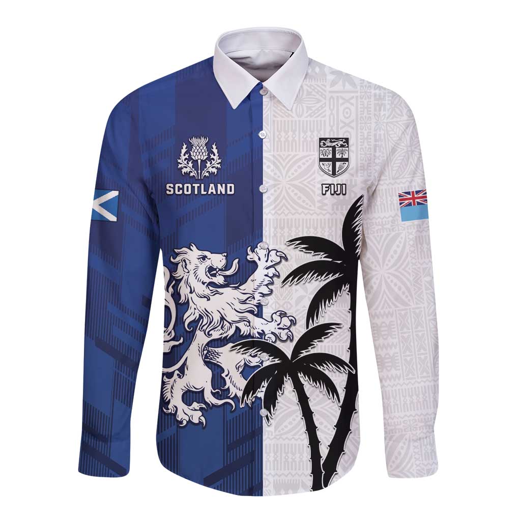Fiji And Scotland Rugby Custom Long Sleeve Button Shirt Fijian Palm Tree With Thistle Together LT05 Unisex Blue - Polynesian Pride