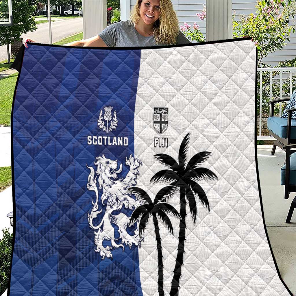 Fiji And Scotland Rugby Quilt Fijian Palm Tree With Thistle Together LT05 Blue - Polynesian Pride