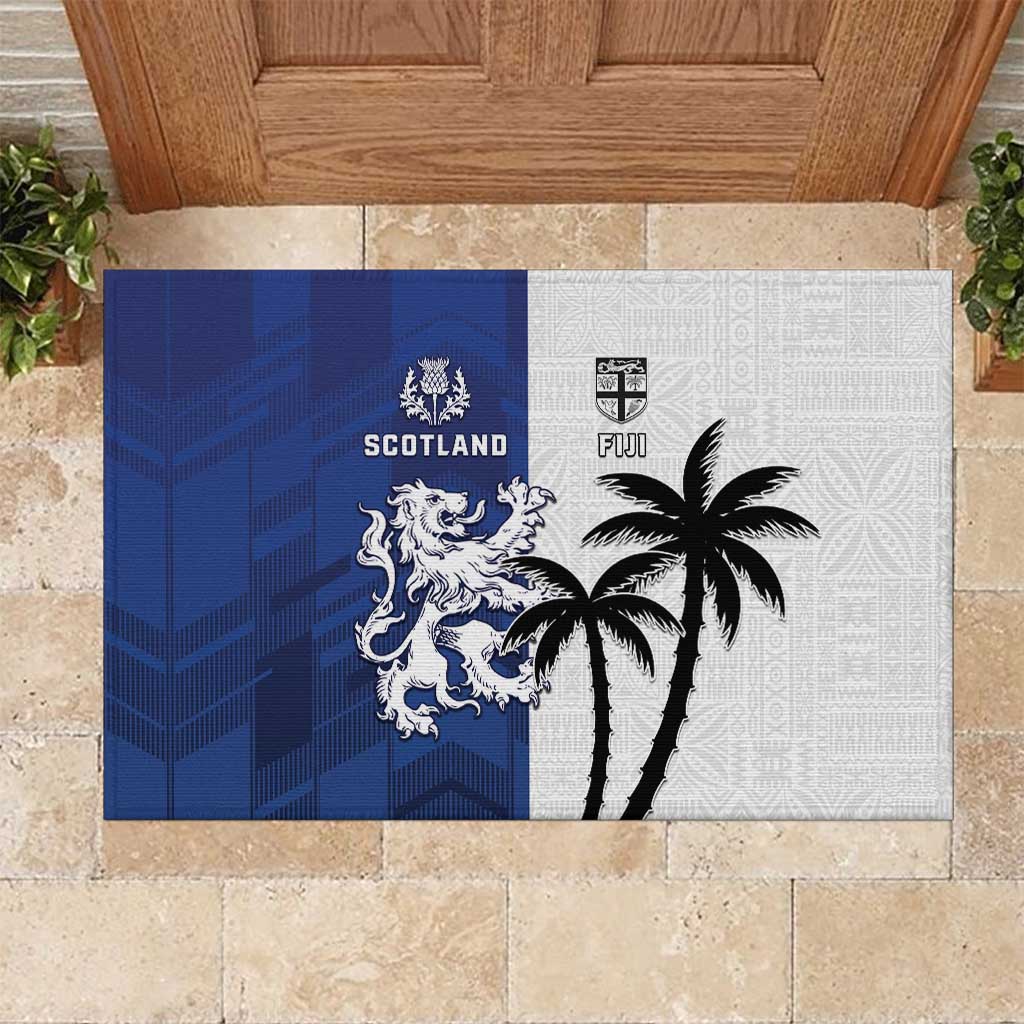 Fiji And Scotland Rugby Rubber Doormat Fijian Palm Tree With Thistle Together LT05 Blue - Polynesian Pride