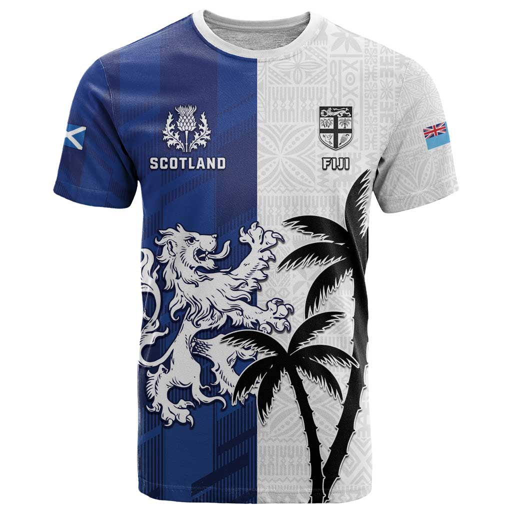Fiji And Scotland Rugby Custom T Shirt Fijian Palm Tree With Thistle Together LT05 Blue - Polynesian Pride