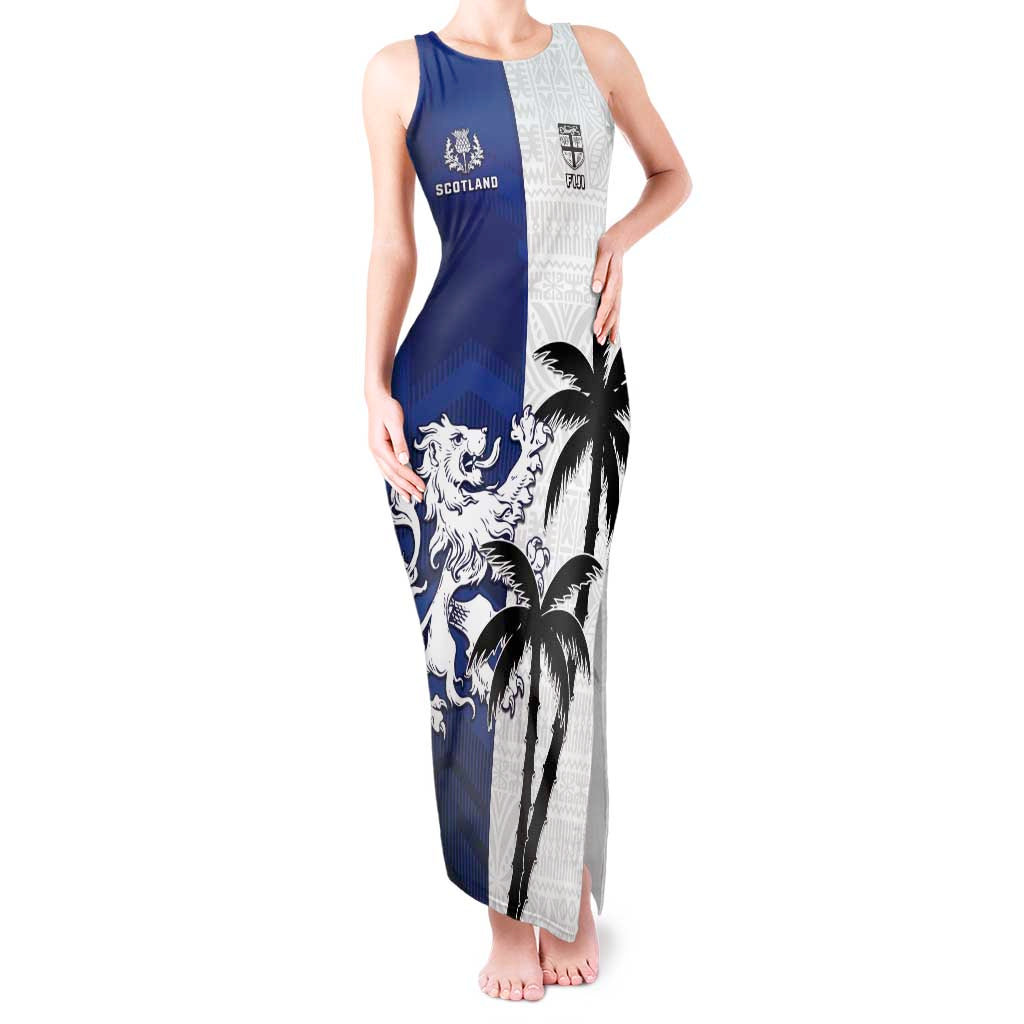 Fiji And Scotland Rugby Custom Tank Maxi Dress Fijian Palm Tree With Thistle Together LT05 Women Blue - Polynesian Pride