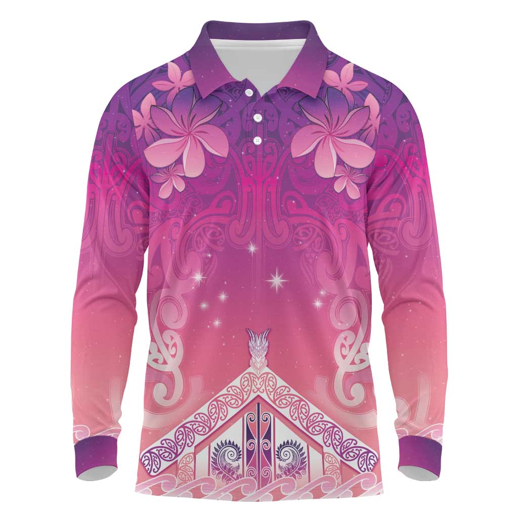 New Zealand Matariki Long Sleeve Polo Shirt Maori Marae Purple Galaxy LT05 Purple - Polynesian Pride