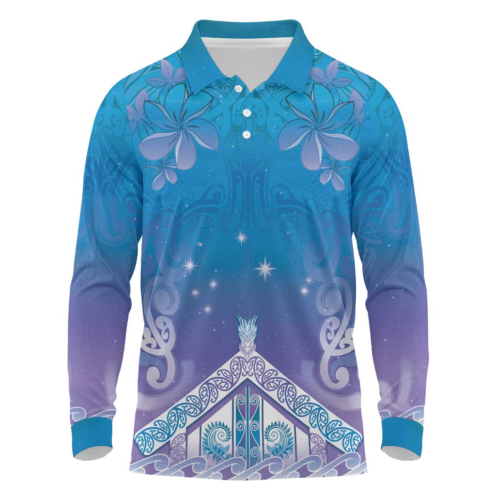 New Zealand Matariki Long Sleeve Polo Shirt Maori Marae Cyan Galaxy LT05 Cyan - Polynesian Pride