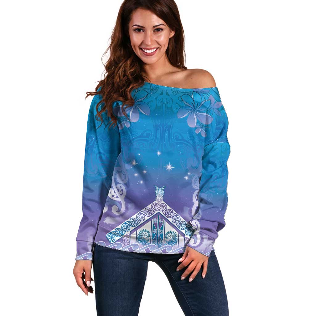 New Zealand Matariki Off Shoulder Sweater Maori Marae Cyan Galaxy LT05 Women Cyan - Polynesian Pride