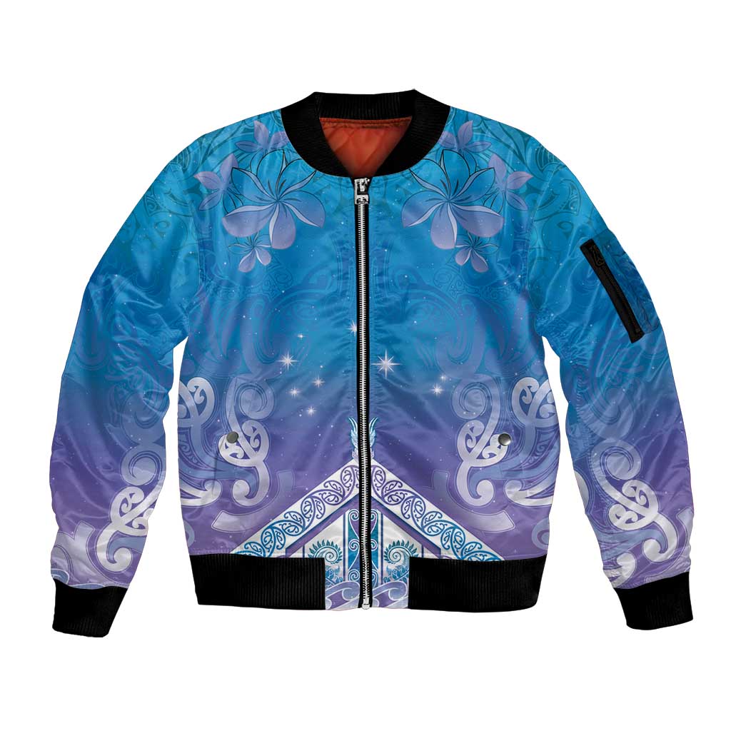 New Zealand Matariki Sleeve Zip Bomber Jacket Maori Marae Cyan Galaxy LT05 Unisex Cyan - Polynesian Pride