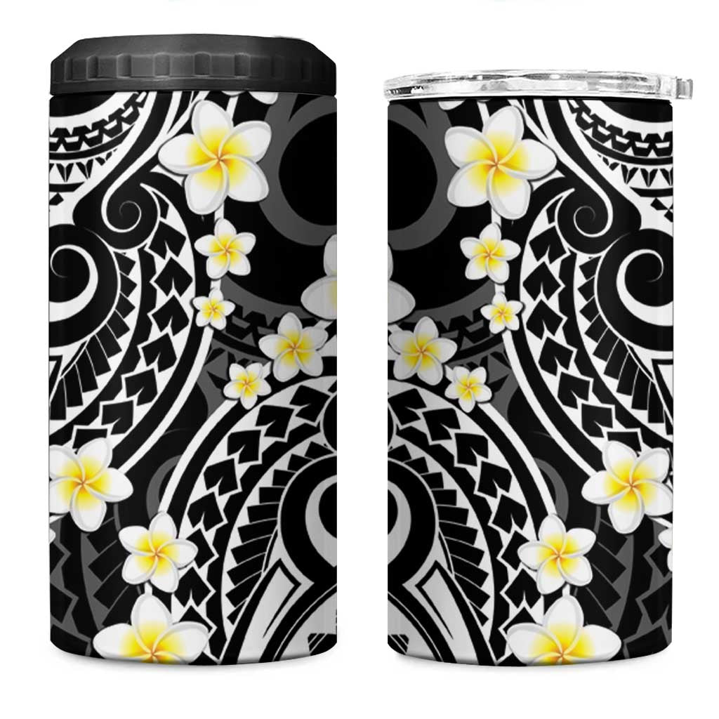 Plumeria With Black Polynesian Tattoo Pattern 4 in 1 Can Cooler Tumbler LT05 One Size: 16 oz Black - Polynesian Pride