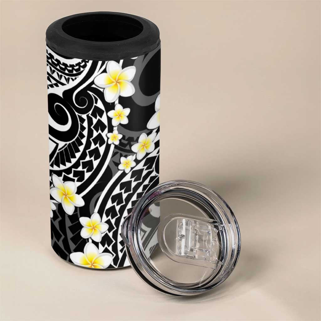 Plumeria With Black Polynesian Tattoo Pattern 4 in 1 Can Cooler Tumbler LT05 - Polynesian Pride