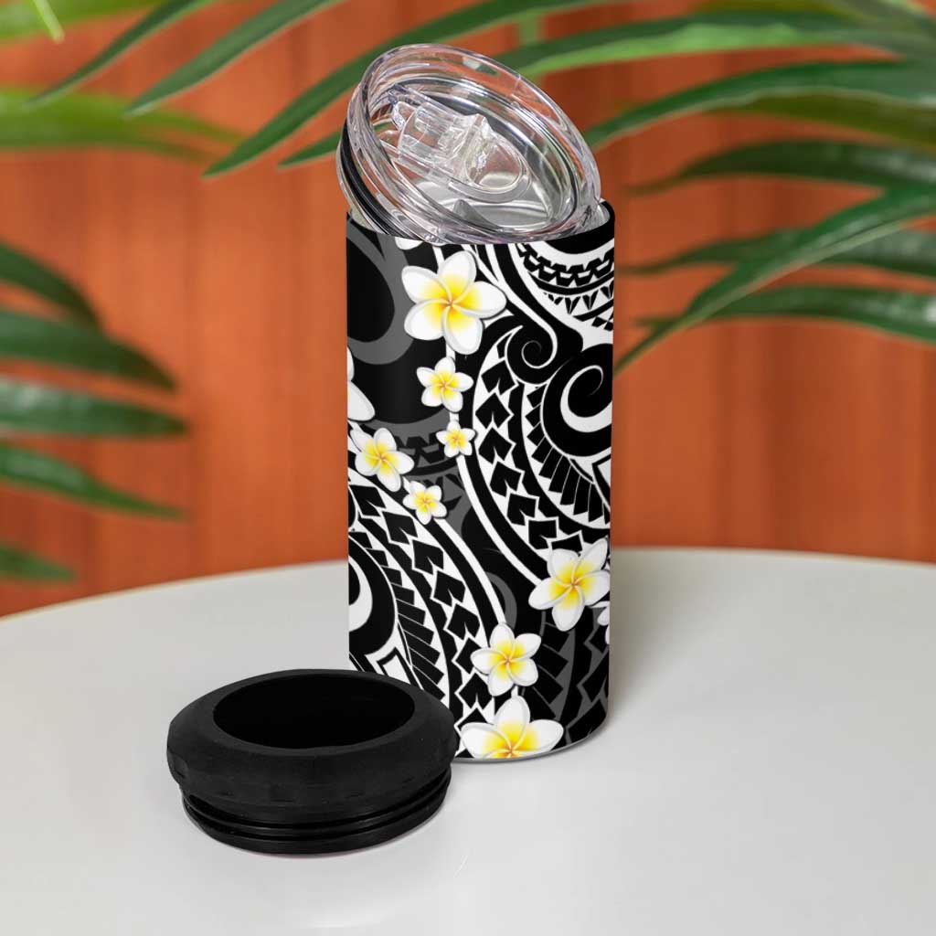 Plumeria With Black Polynesian Tattoo Pattern 4 in 1 Can Cooler Tumbler LT05 - Polynesian Pride