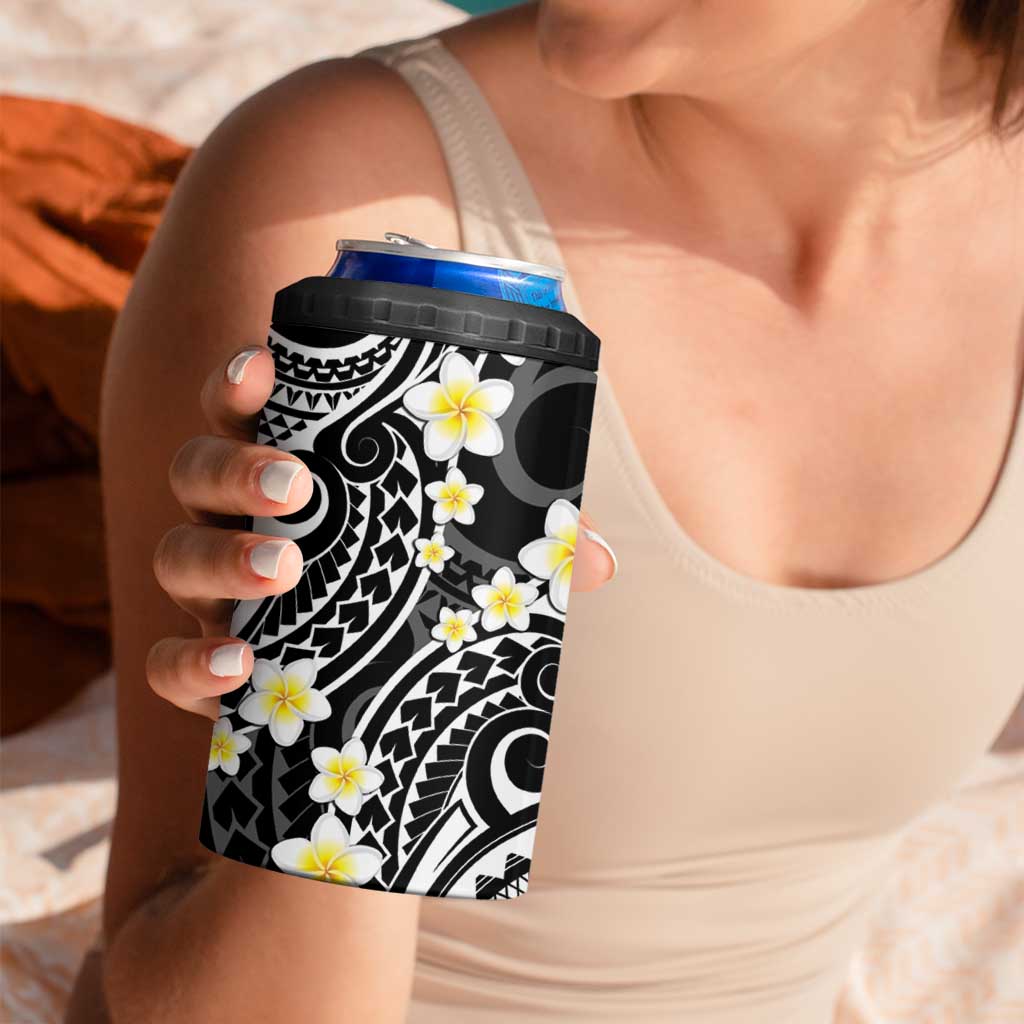 Plumeria With Black Polynesian Tattoo Pattern 4 in 1 Can Cooler Tumbler LT05 - Polynesian Pride