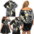 Plumeria With Black Polynesian Tattoo Pattern Family Matching Off Shoulder Short Dress and Hawaiian Shirt