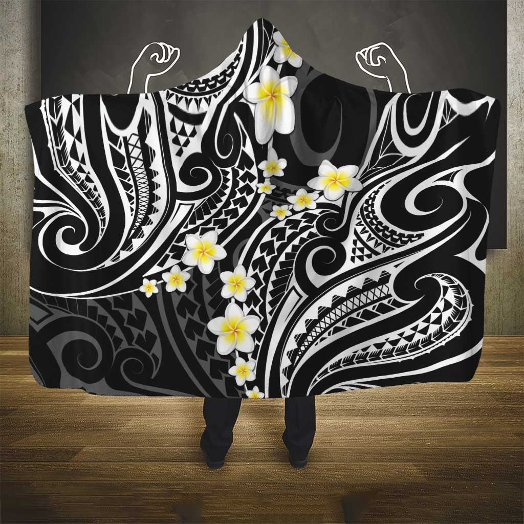 Plumeria With Black Polynesian Tattoo Pattern Hooded Blanket LT05 - Polynesian Pride
