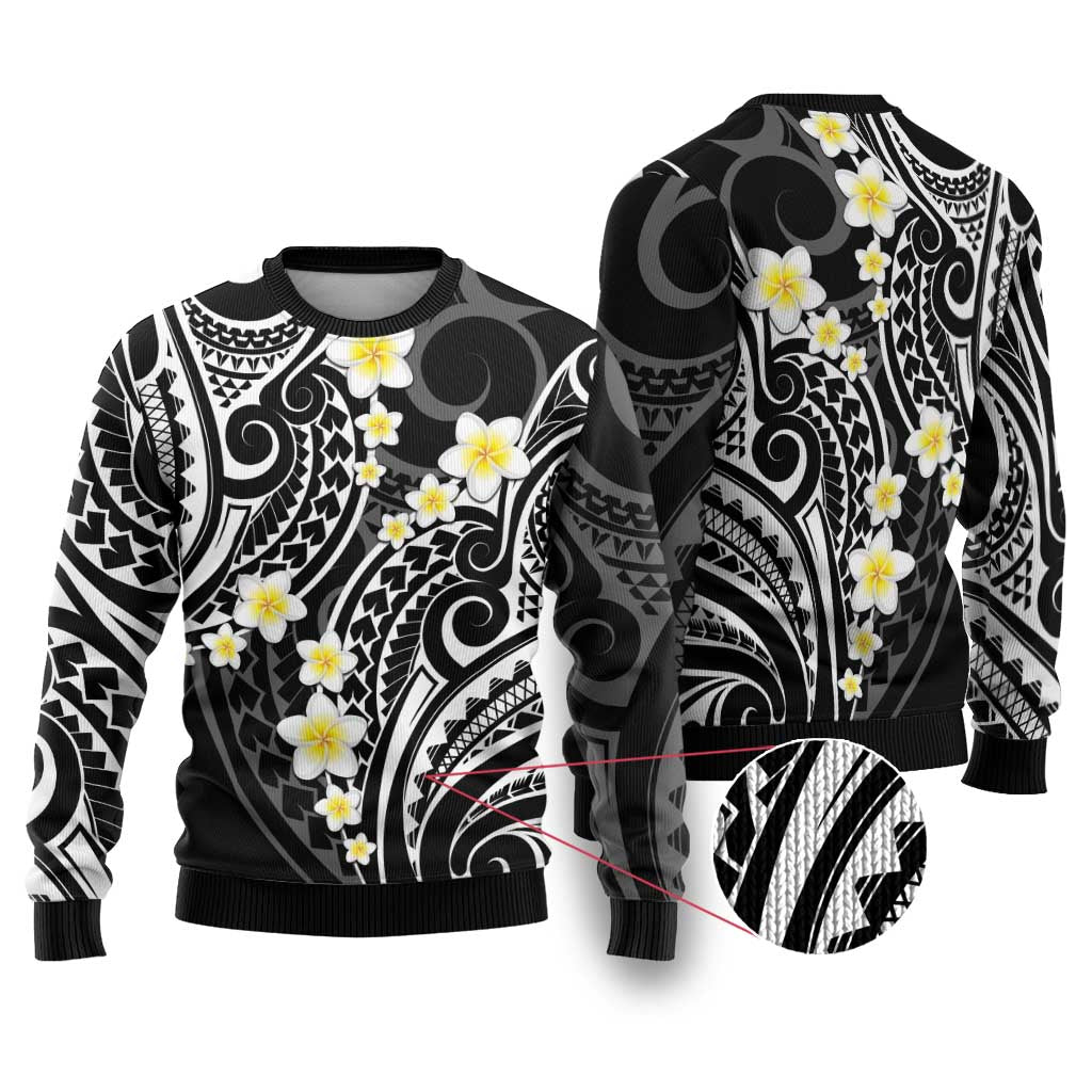 Plumeria With Black Polynesian Tattoo Pattern Ugly Christmas Sweater LT05 Black - Polynesian Pride