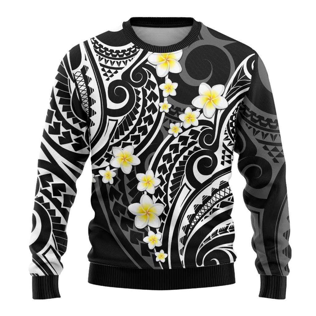 Plumeria With Black Polynesian Tattoo Pattern Ugly Christmas Sweater LT05 - Polynesian Pride