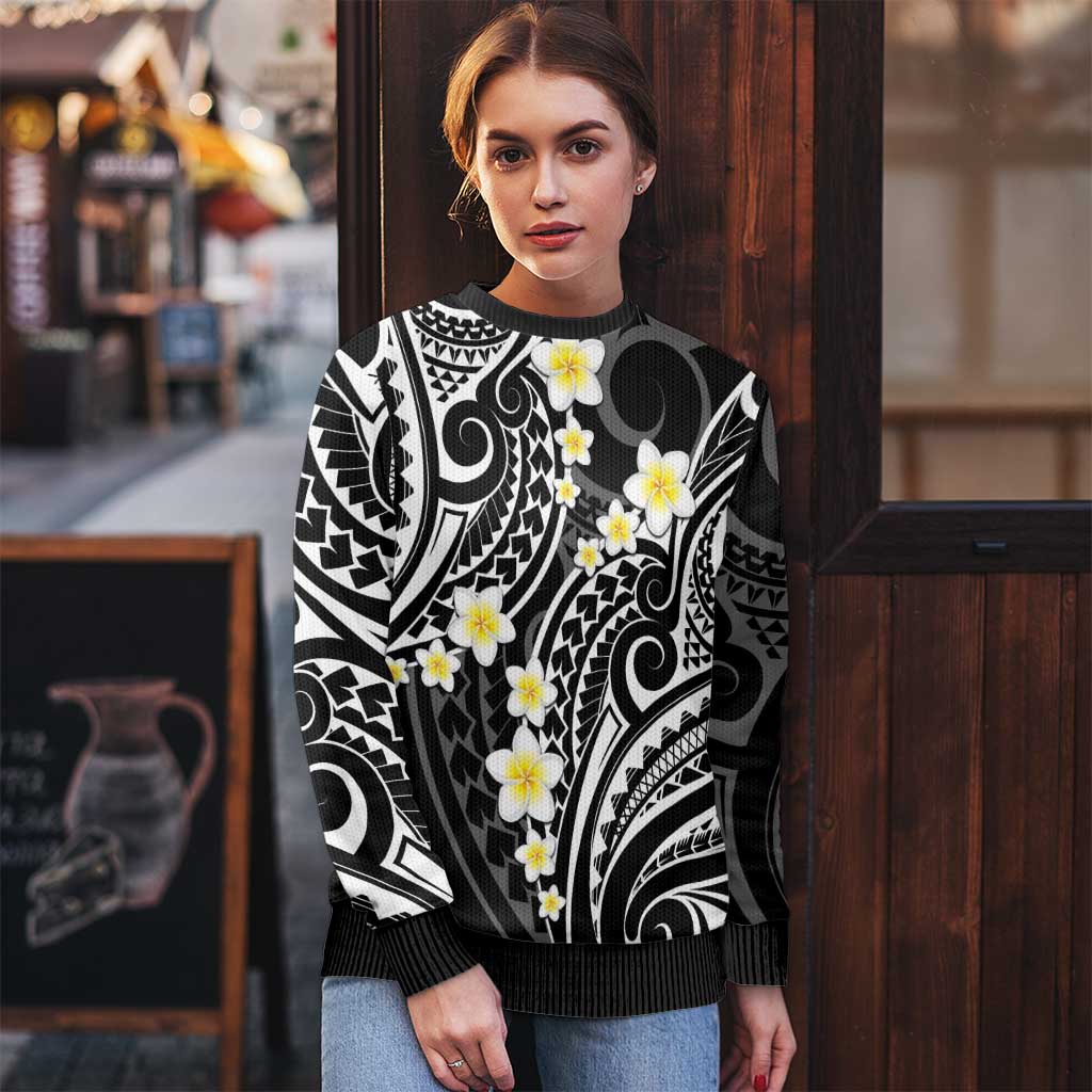 Plumeria With Black Polynesian Tattoo Pattern Ugly Christmas Sweater LT05 - Polynesian Pride