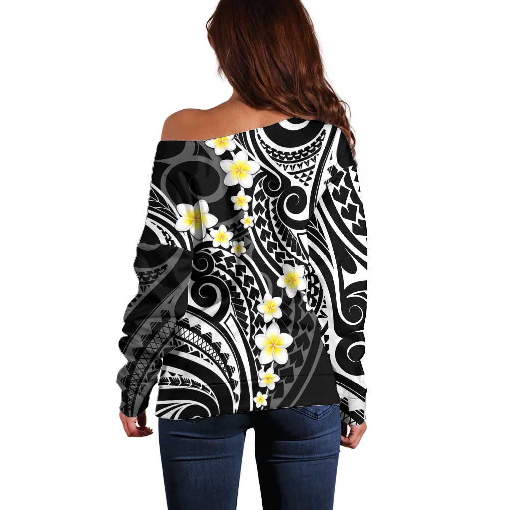 Plumeria With Black Polynesian Tattoo Pattern Off Shoulder Sweater LT05 - Polynesian Pride