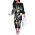 Plumeria With Black Polynesian Tattoo Pattern Off The Shoulder Long Sleeve Dress