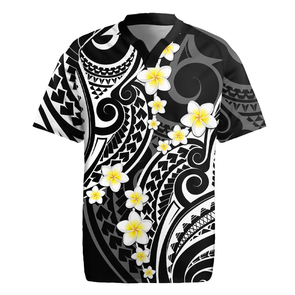 Plumeria With Black Polynesian Tattoo Pattern Rugby Jersey LT05 Black - Polynesian Pride