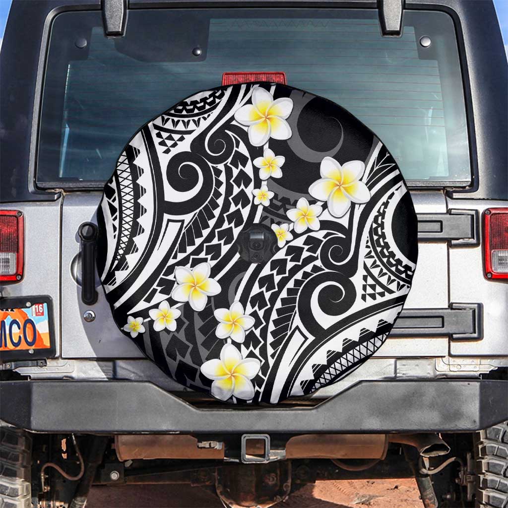 Plumeria With Black Polynesian Tattoo Pattern Spare Tire Cover