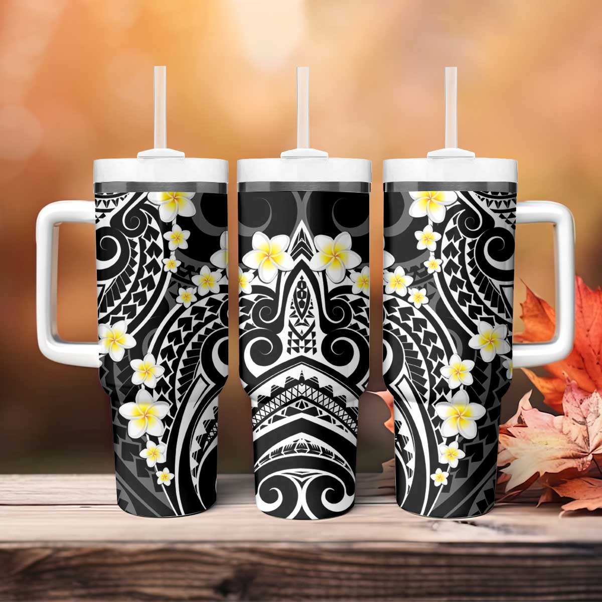 Plumeria With Black Polynesian Tattoo Pattern Tumbler With Handle LT05 - Polynesian Pride