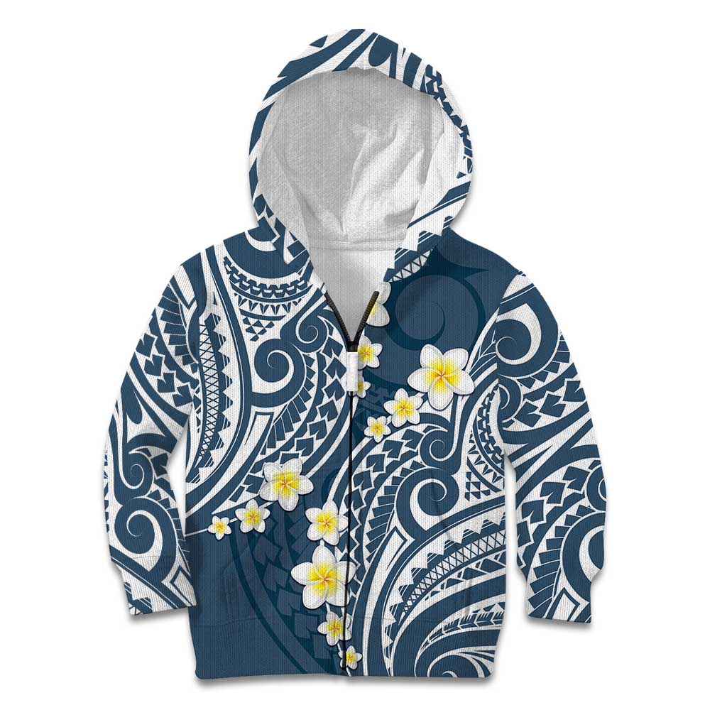 Plumeria With Blue Polynesian Tattoo Pattern Kid Hoodie LT05 Zip Hoodie Blue - Polynesian Pride