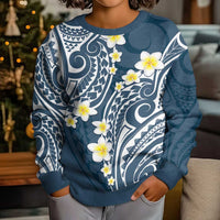Plumeria With Blue Polynesian Tattoo Pattern Kid Ugly Christmas Sweater LT05 - Polynesian Pride