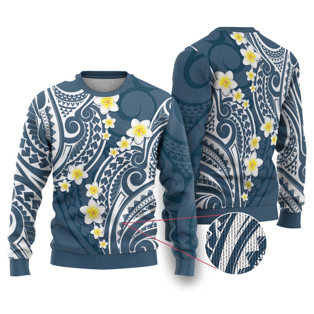 Plumeria With Blue Polynesian Tattoo Pattern Ugly Christmas Sweater LT05 Blue - Polynesian Pride