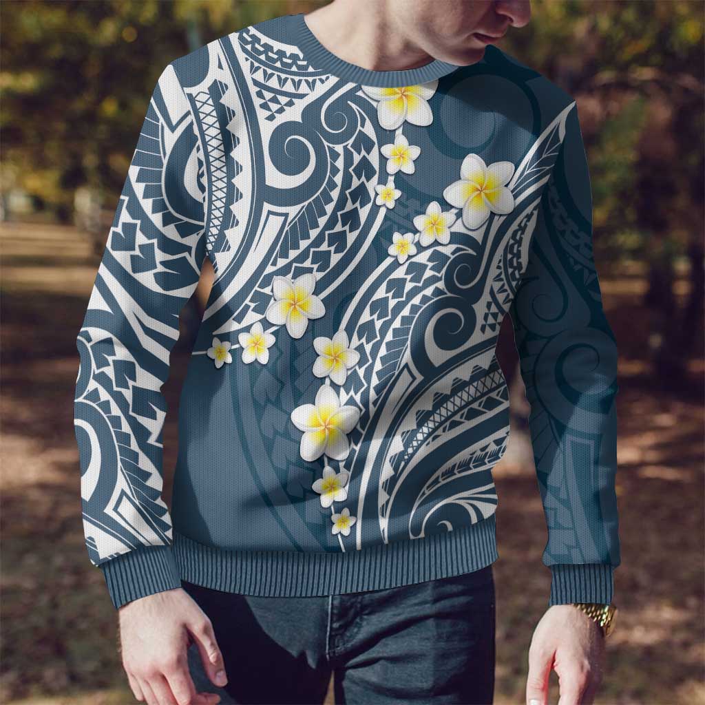 Plumeria With Blue Polynesian Tattoo Pattern Ugly Christmas Sweater LT05 - Polynesian Pride