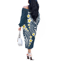 Plumeria With Blue Polynesian Tattoo Pattern Off The Shoulder Long Sleeve Dress LT05 - Polynesian Pride