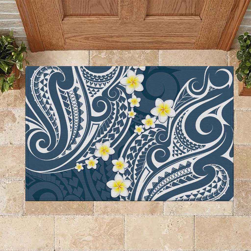 Plumeria With Blue Polynesian Tattoo Pattern Rubber Doormat LT05 Blue - Polynesian Pride