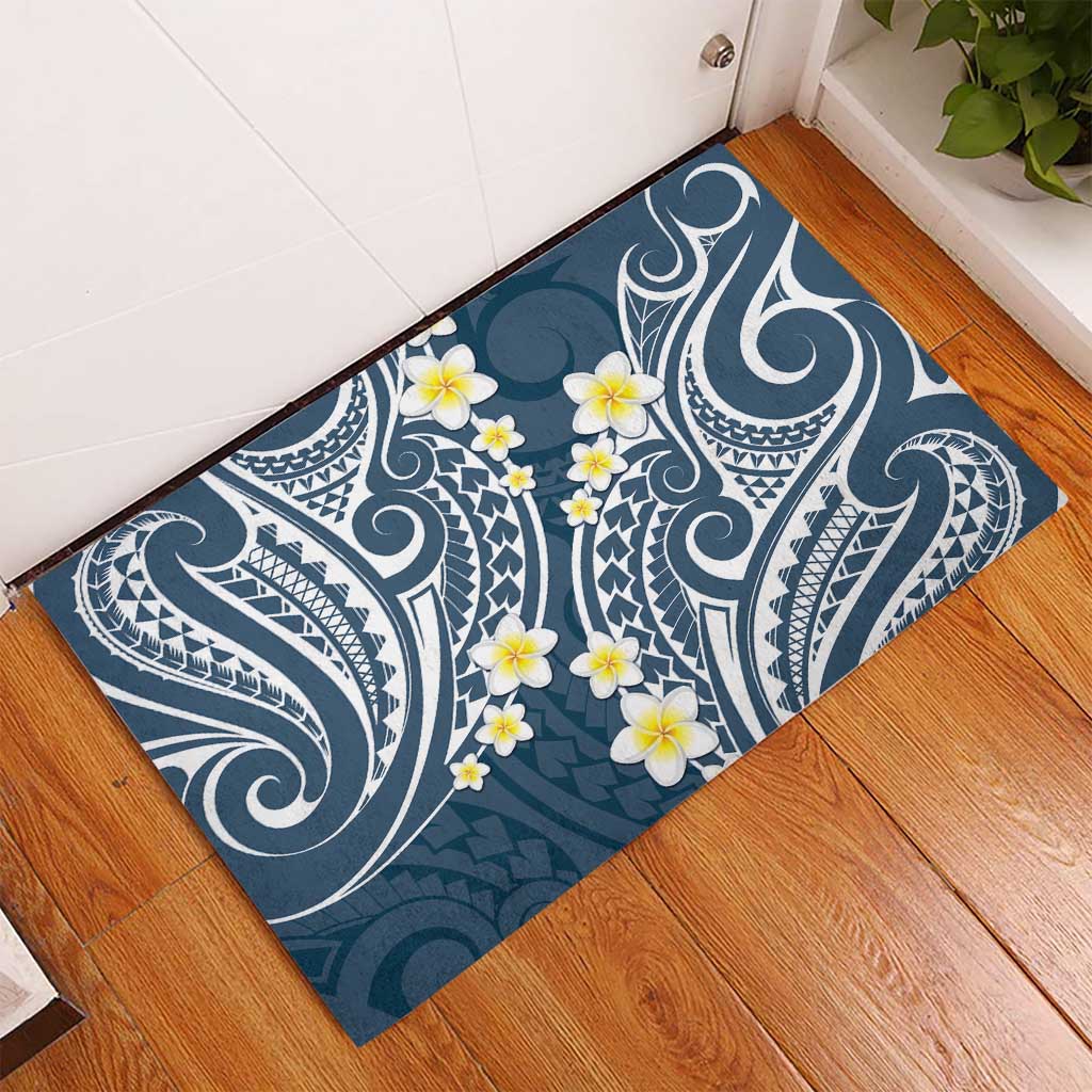 Plumeria With Blue Polynesian Tattoo Pattern Rubber Doormat LT05 - Polynesian Pride