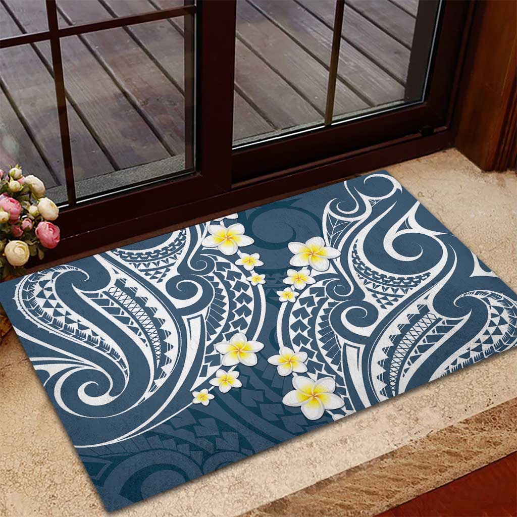 Plumeria With Blue Polynesian Tattoo Pattern Rubber Doormat LT05 - Polynesian Pride